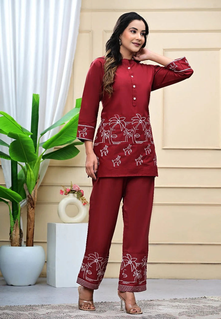 Crimson Bloom Embroidered Co-ord Set