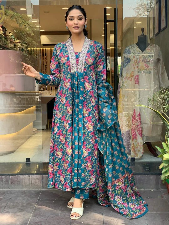 Teal Blossom Viscose Suit Set