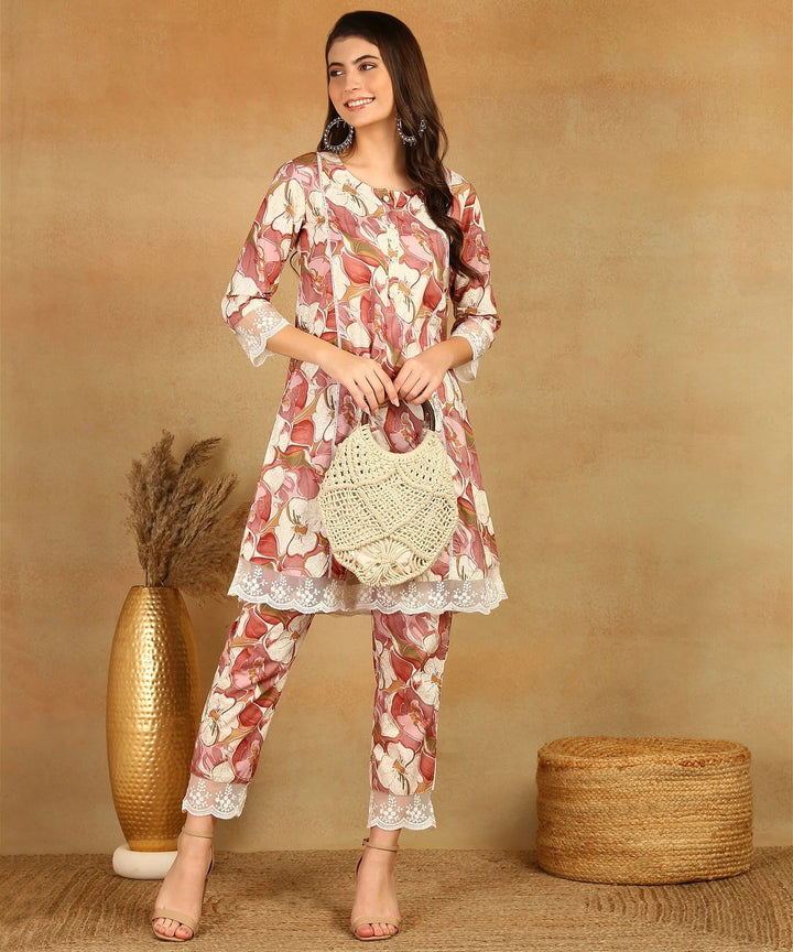 Pink Pure Muslin Foil Print Co-ord Set Fabric-Muslin