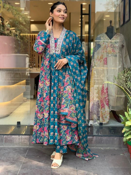 Teal Blossom Viscose Suit Set