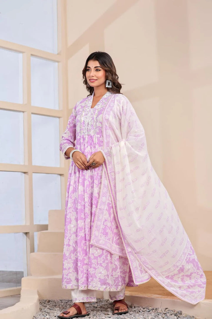 Elysian Bloom White Mul Cotton Anarkali Suit