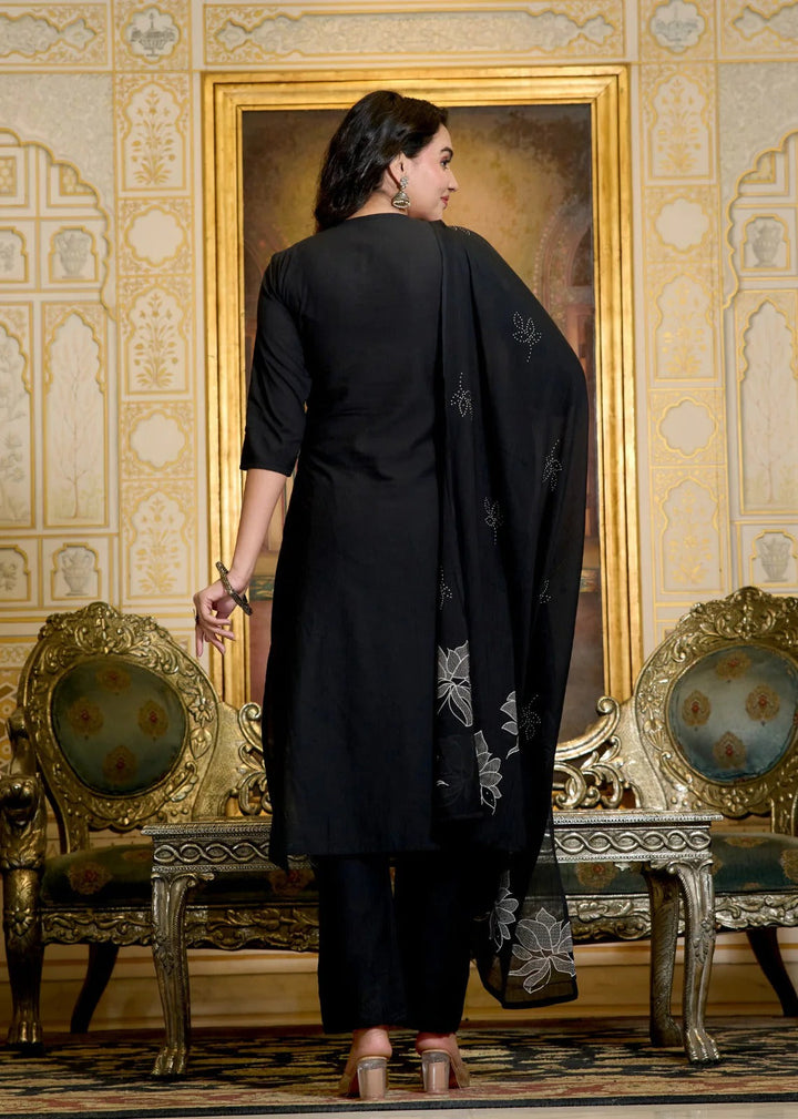 Black Cotton Embroidered Kurta Set with Dupatta