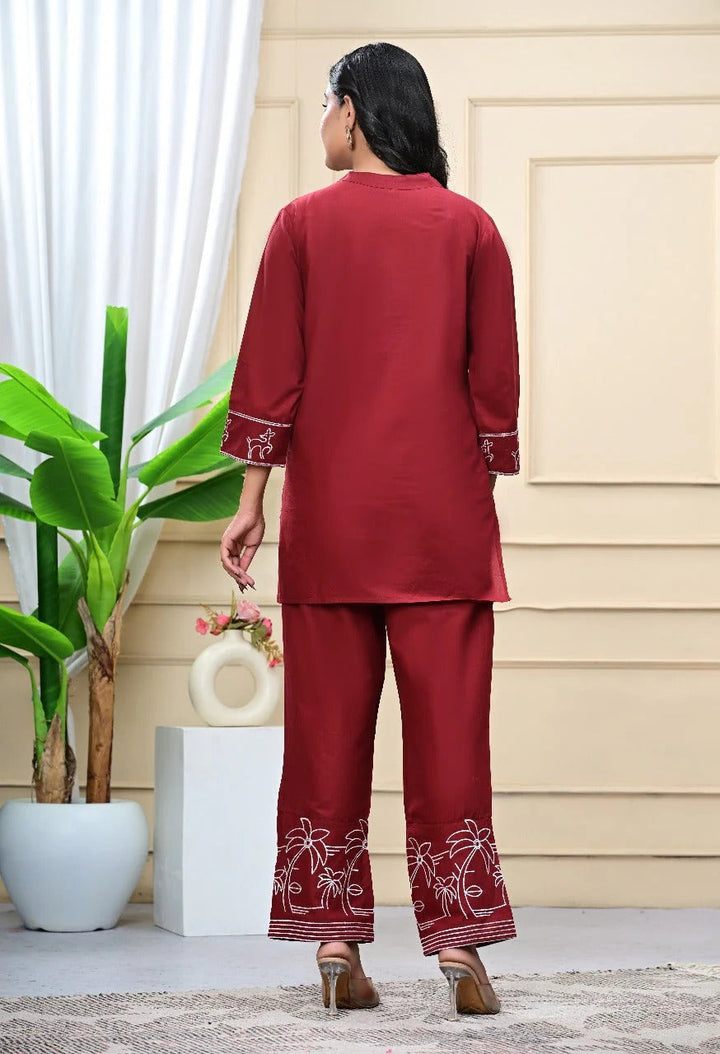 Crimson Bloom Embroidered Co-ord Set