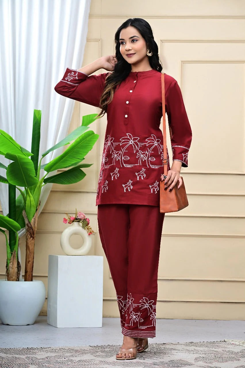 Crimson Bloom Embroidered Co-ord Set