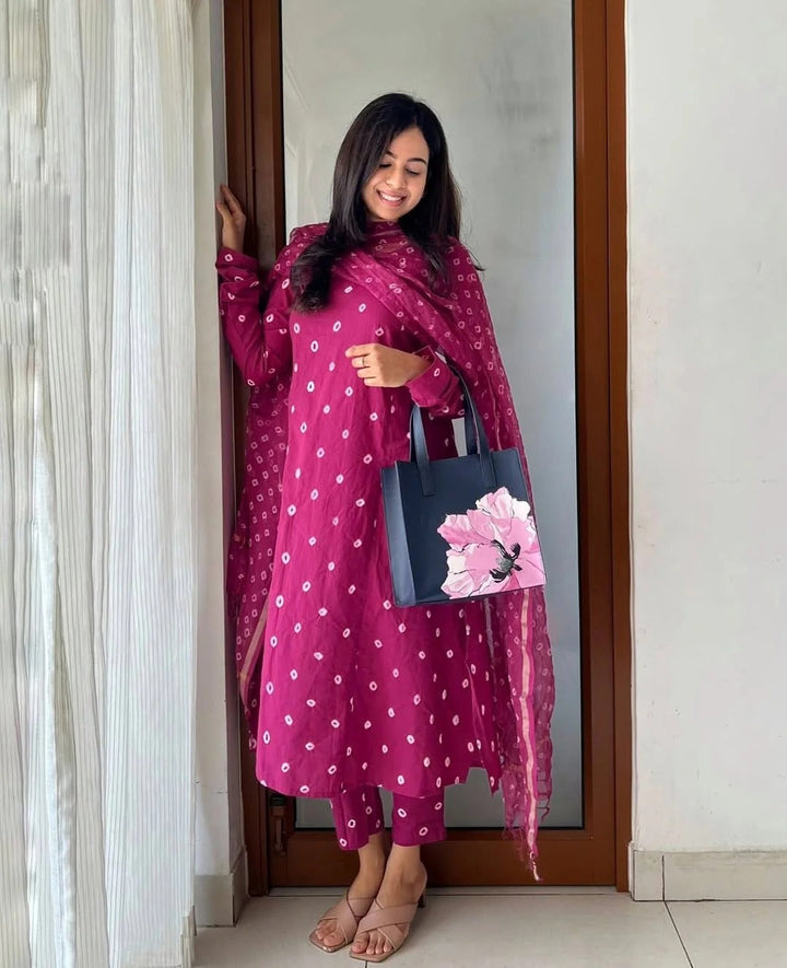 Pink Bandhani Handblock A-line Kurti Set