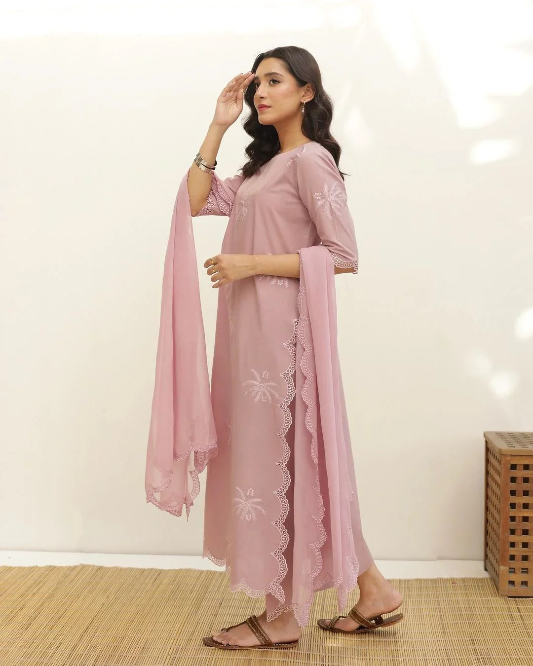Peach Cotton Embroidered Dress