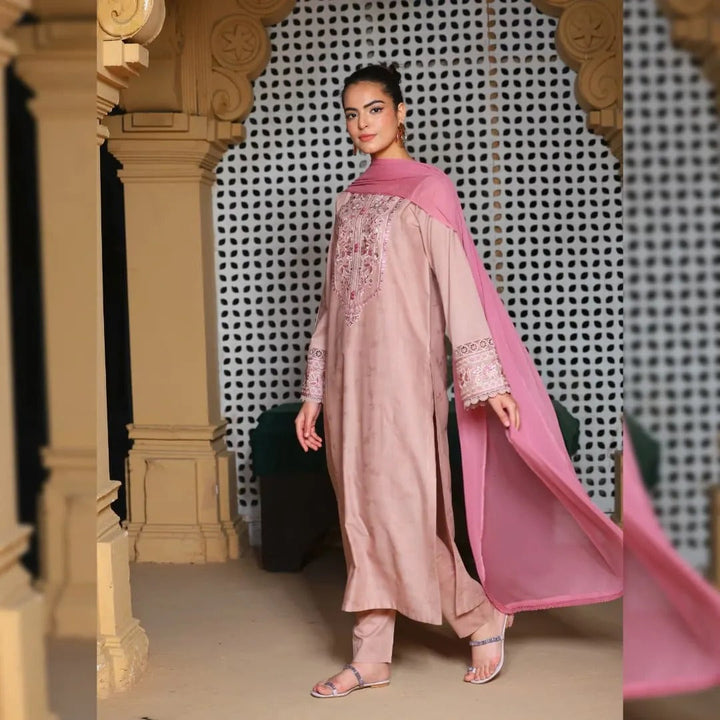 Self Pink Embroidered Suit Set