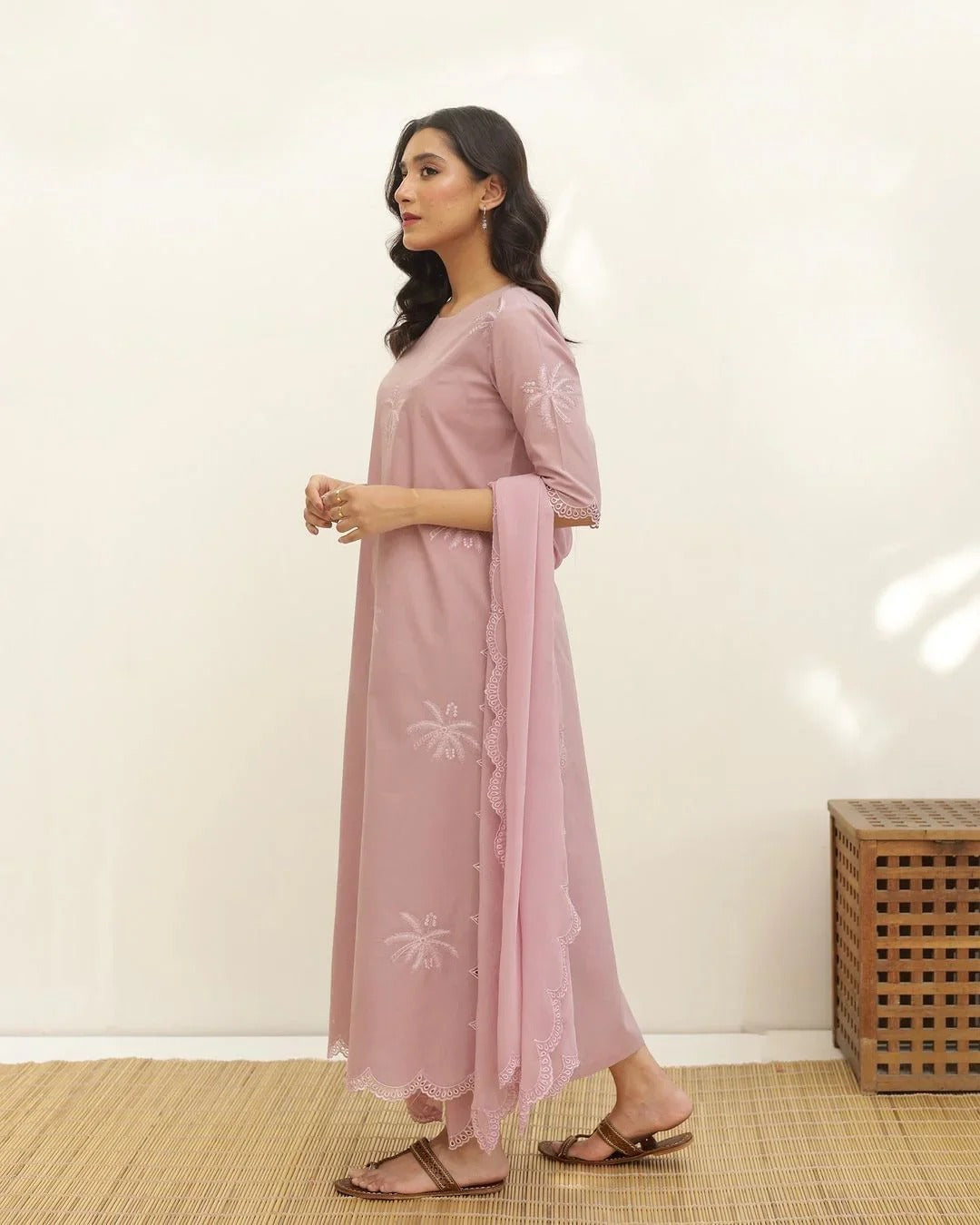 Peach Cotton Embroidered Dress