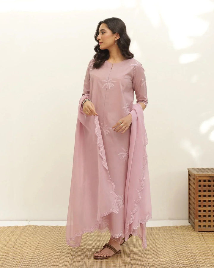 Peach Cotton Embroidered Dress