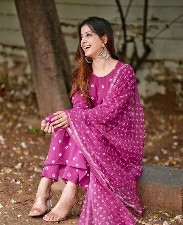 Pink Bandhani Handblock A-line Kurti Set