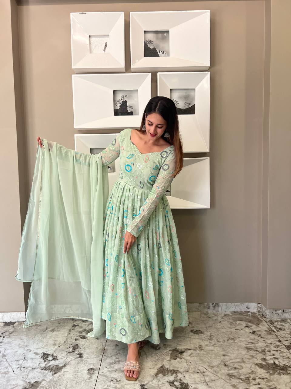 Alluring Embroidery Work Party Wear Gown for girls