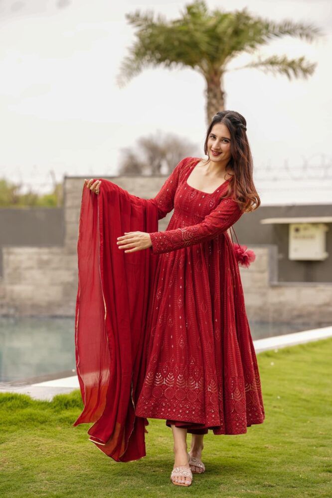 Red Color Anarkali Flared Gorgette Designer Gown Online 2022