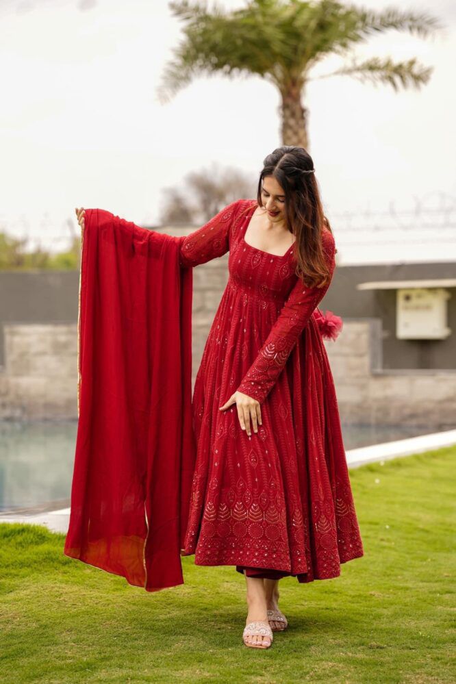 Red Color Anarkali Flared Gorgette Designer Gown Online 2022