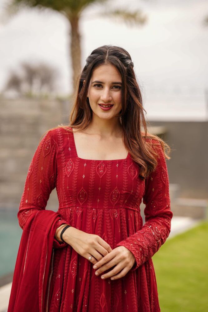 Red Color Anarkali Flared Gorgette Designer Gown Online 2022