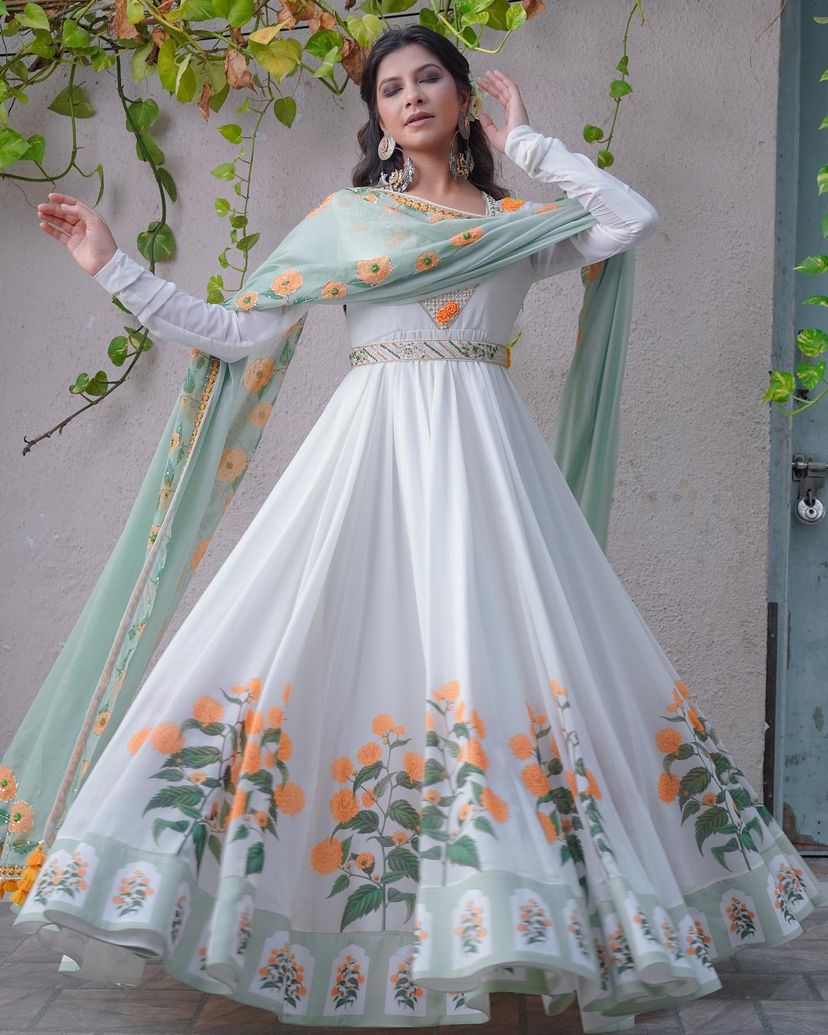 Designer white Color Anarkali Flared Party Wear Gown