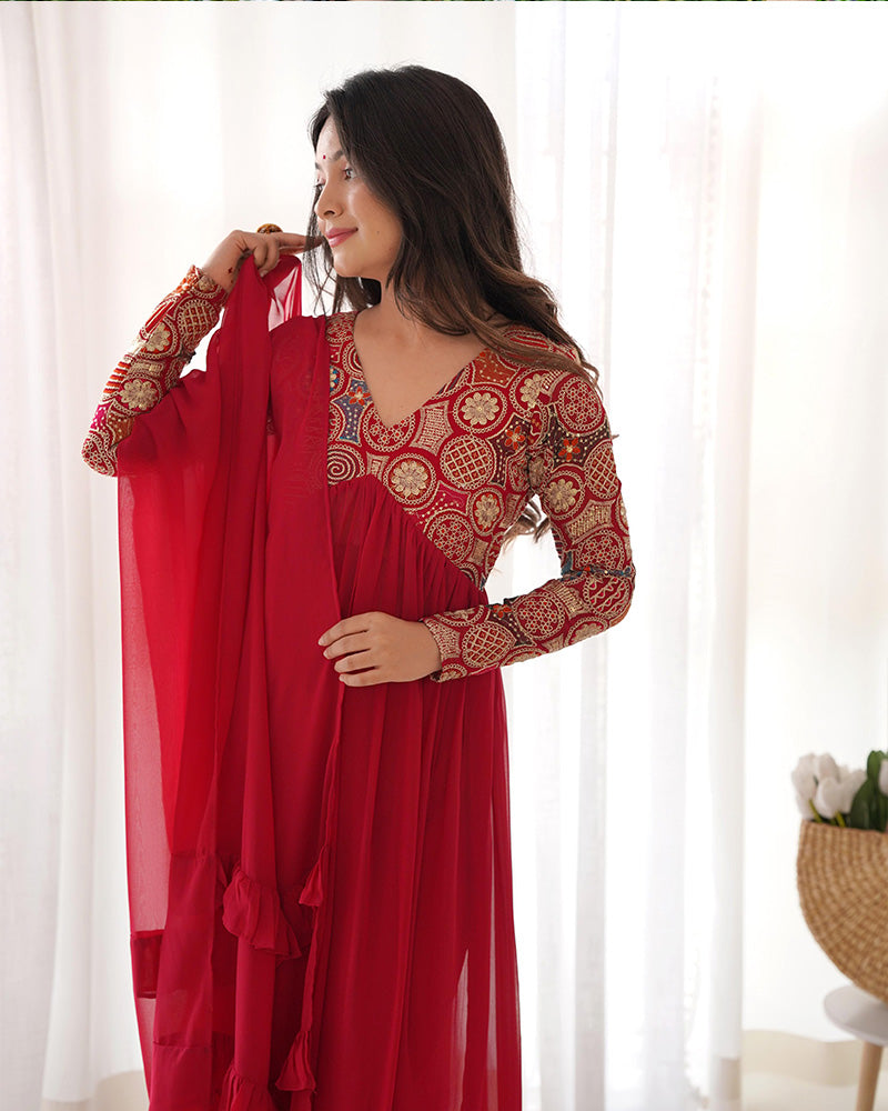 Admiring Printed Heavy Work Color Designer Gown for girls