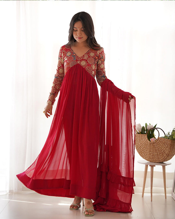 Admiring Printed Heavy Work Color Designer Gown for girls