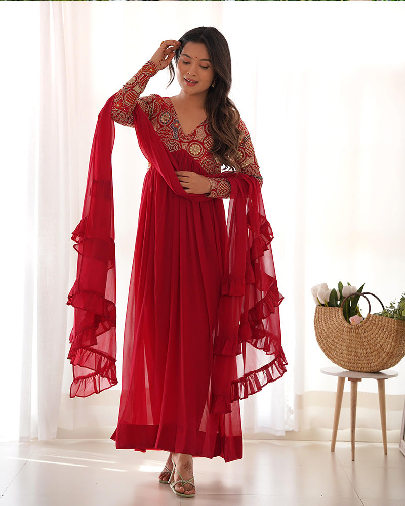 Admiring Printed Heavy Work Color Designer Gown for girls