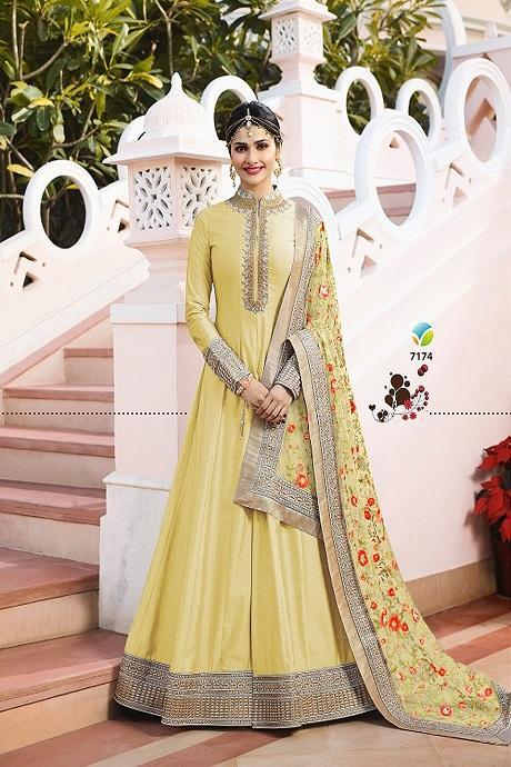 Yellow Embroidery Work Designer Prachi Desai Gown For Girls