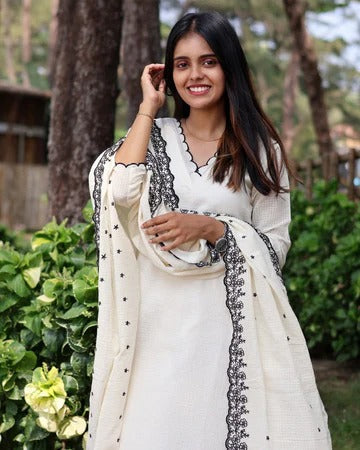 Soft Cotton Kota Doria Designer Suit With Lining And Heavy Embroidered Dupatta