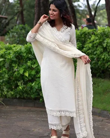 White Soft Cotton Kota Doria Suit With Lining