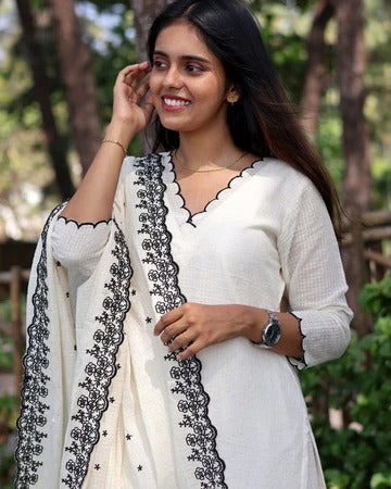 Soft Cotton Kota Doria Designer Suit With Lining And Heavy Embroidered Dupatta
