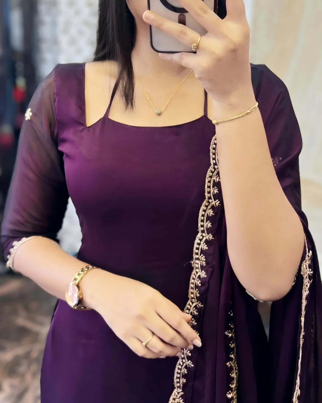 Petal Grace Cotton SuitaDARK PURPLE GEORGETTE STRAIGHT CUT KURTI WITH LINING AND DUPPATTA SET