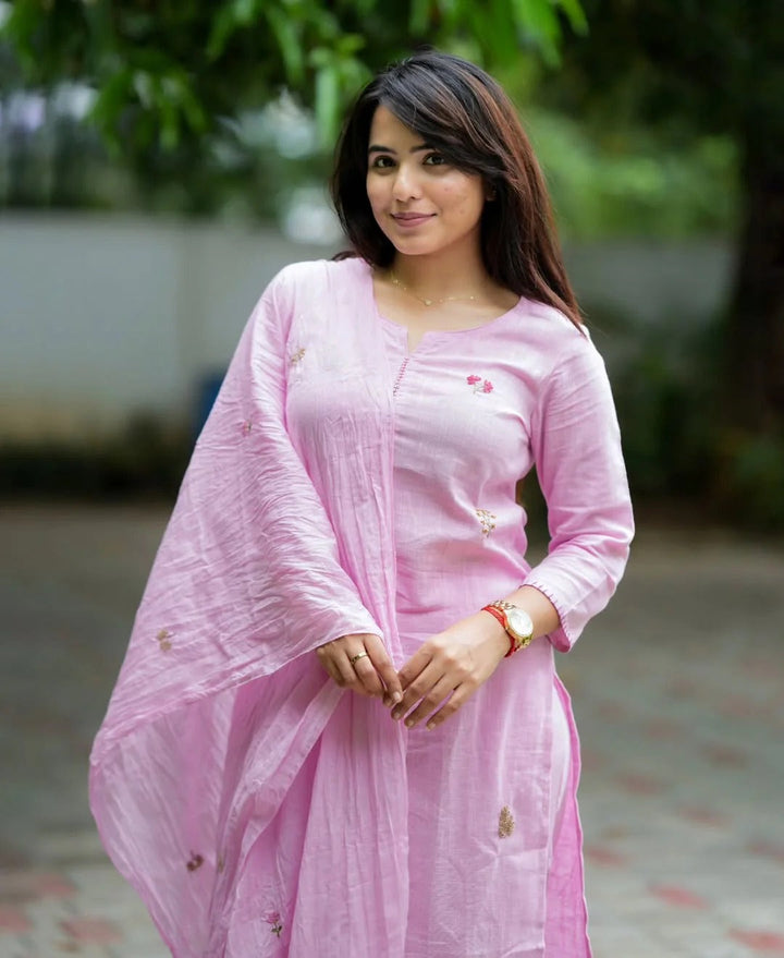 Pink Cotton Embroidery Full Kurta Set