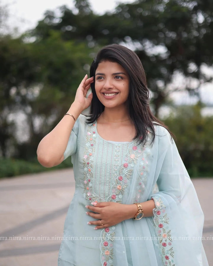 Premium Tissue Handwork Blue Suit Set