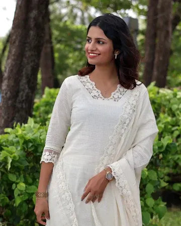 White Soft Cotton Kota Doria Suit With Lining