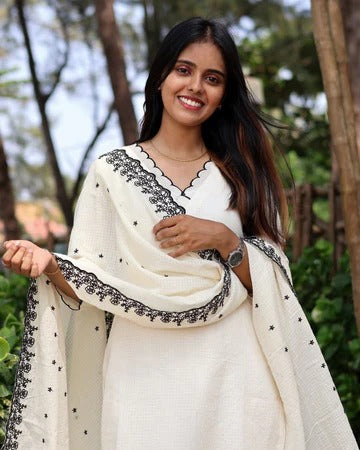 Soft Cotton Kota Doria Designer Suit With Lining And Heavy Embroidered Dupatta
