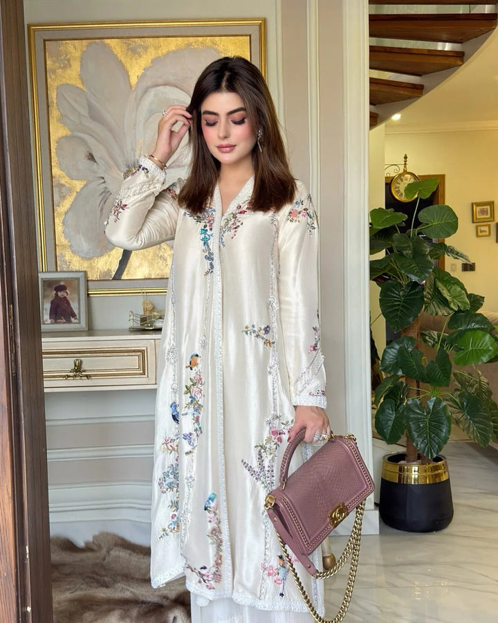 Soft White Chogha With Beautifully Colored Finely Hand-Embroidered