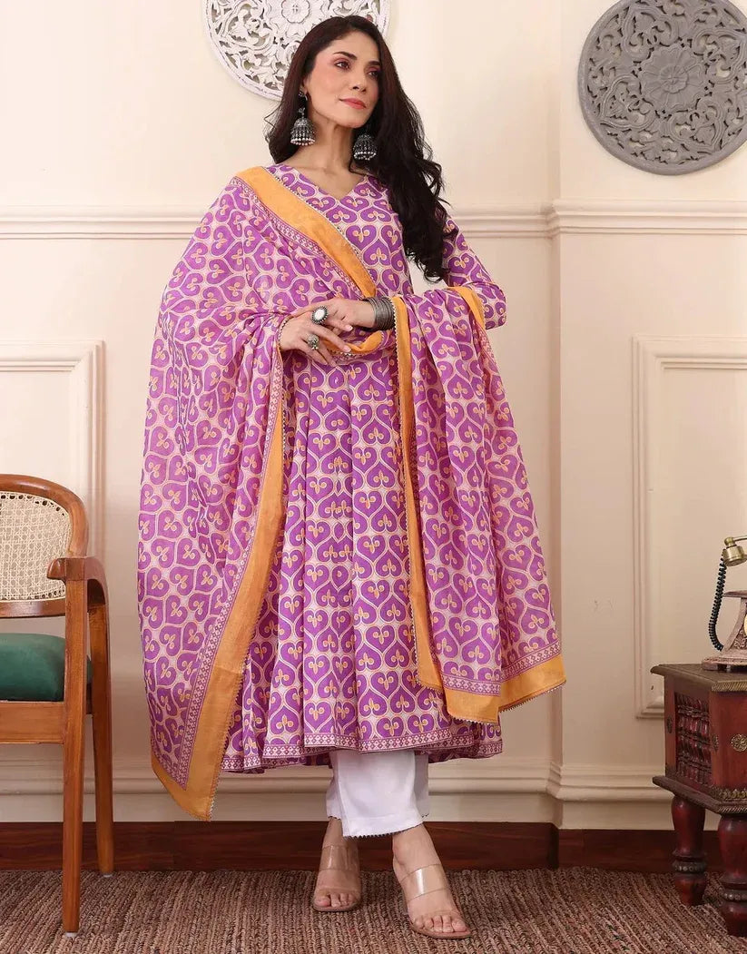 Women€™s Viscose Pastel Pink Anarkali Kurta and Pant Set with Dupatta