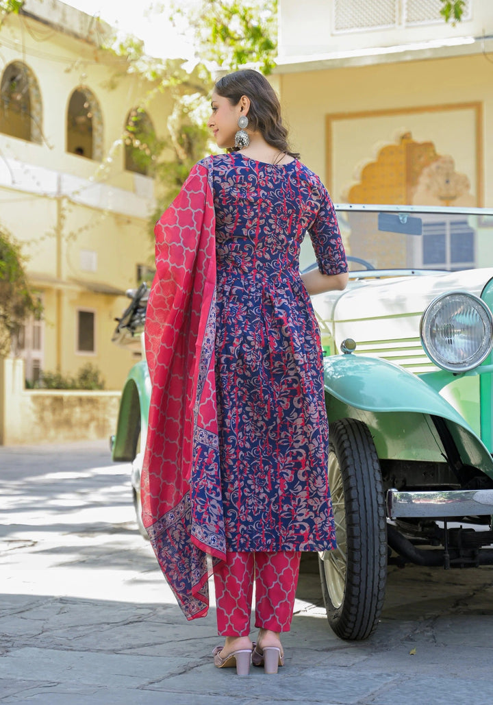 Women€™s Viscose Navy Blue Anarkali Kurta and Pant Set with Dupatta