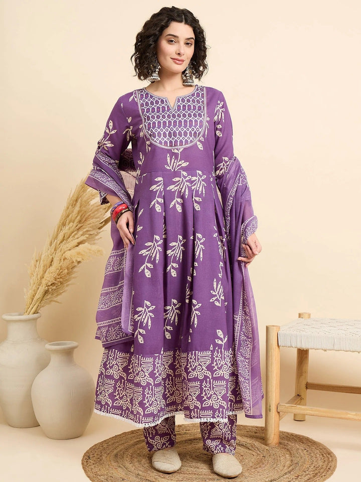 Women€™s Viscose Purple Anarkali Kurta and Pant Set with Dupatta