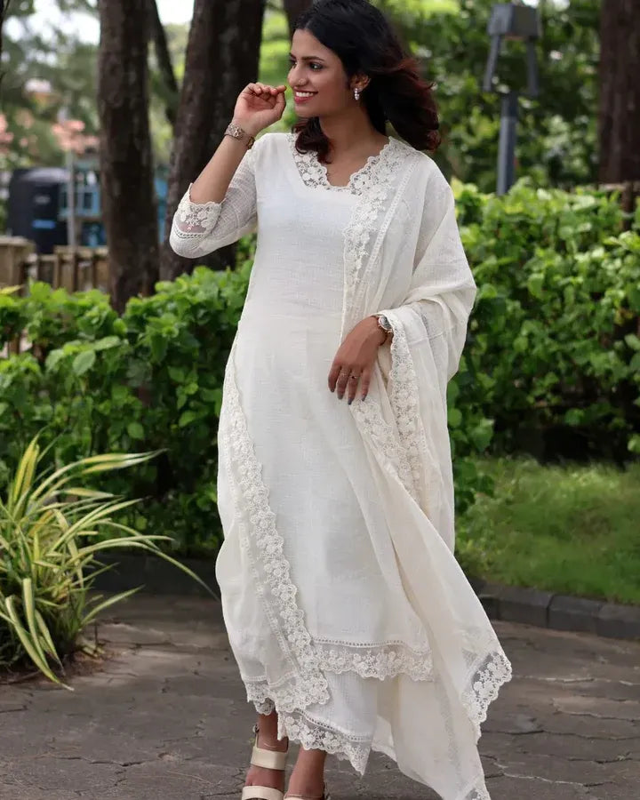 White Soft Cotton Kota Doria Suit With Lining