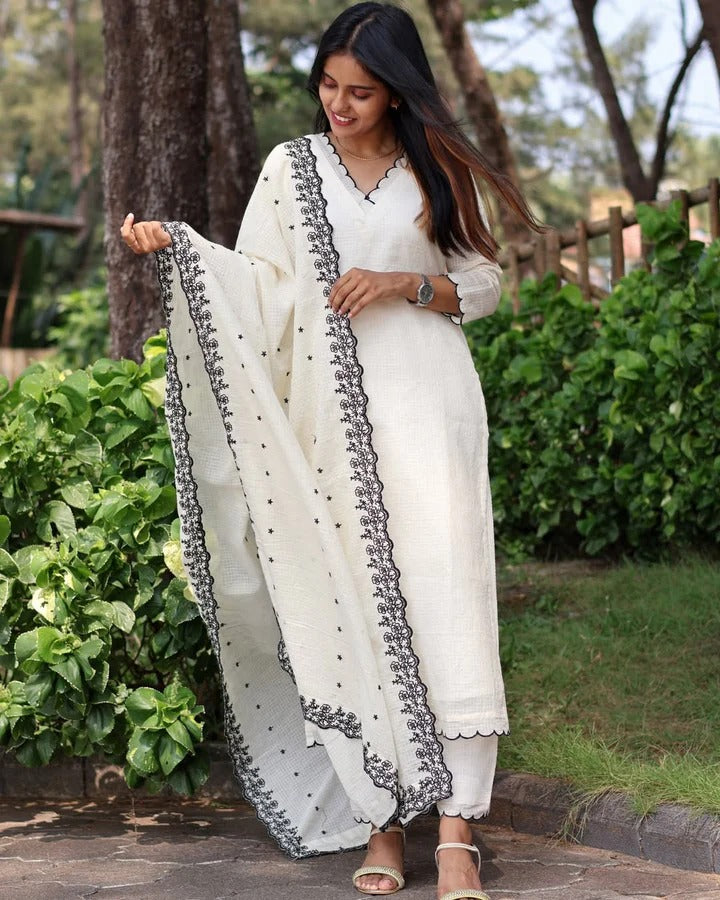 Soft Cotton Kota Doria Designer Suit With Lining And Heavy Embroidered Dupatta