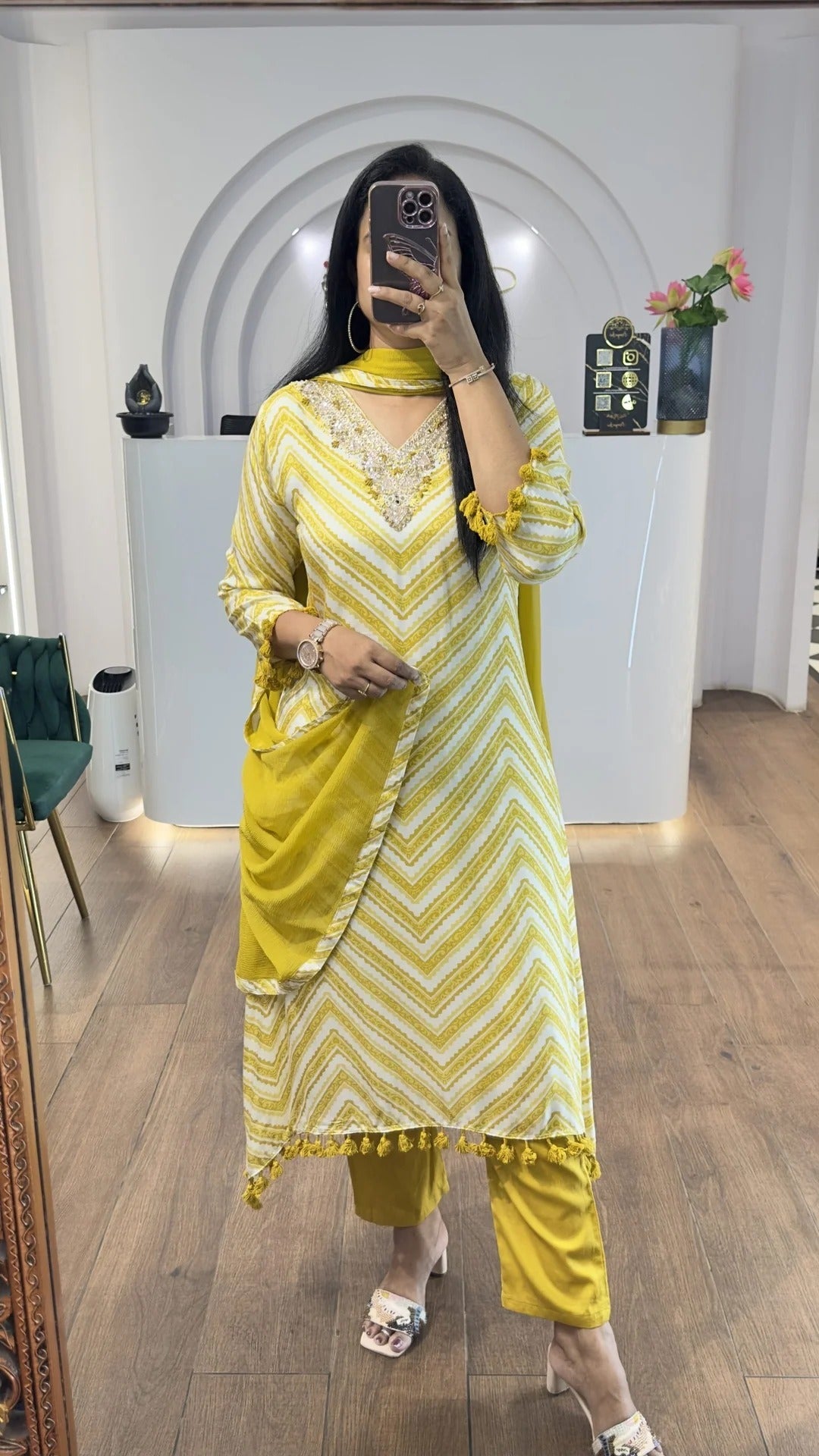 Yellow Zig Zag Printed Handwork HighLow Kurti