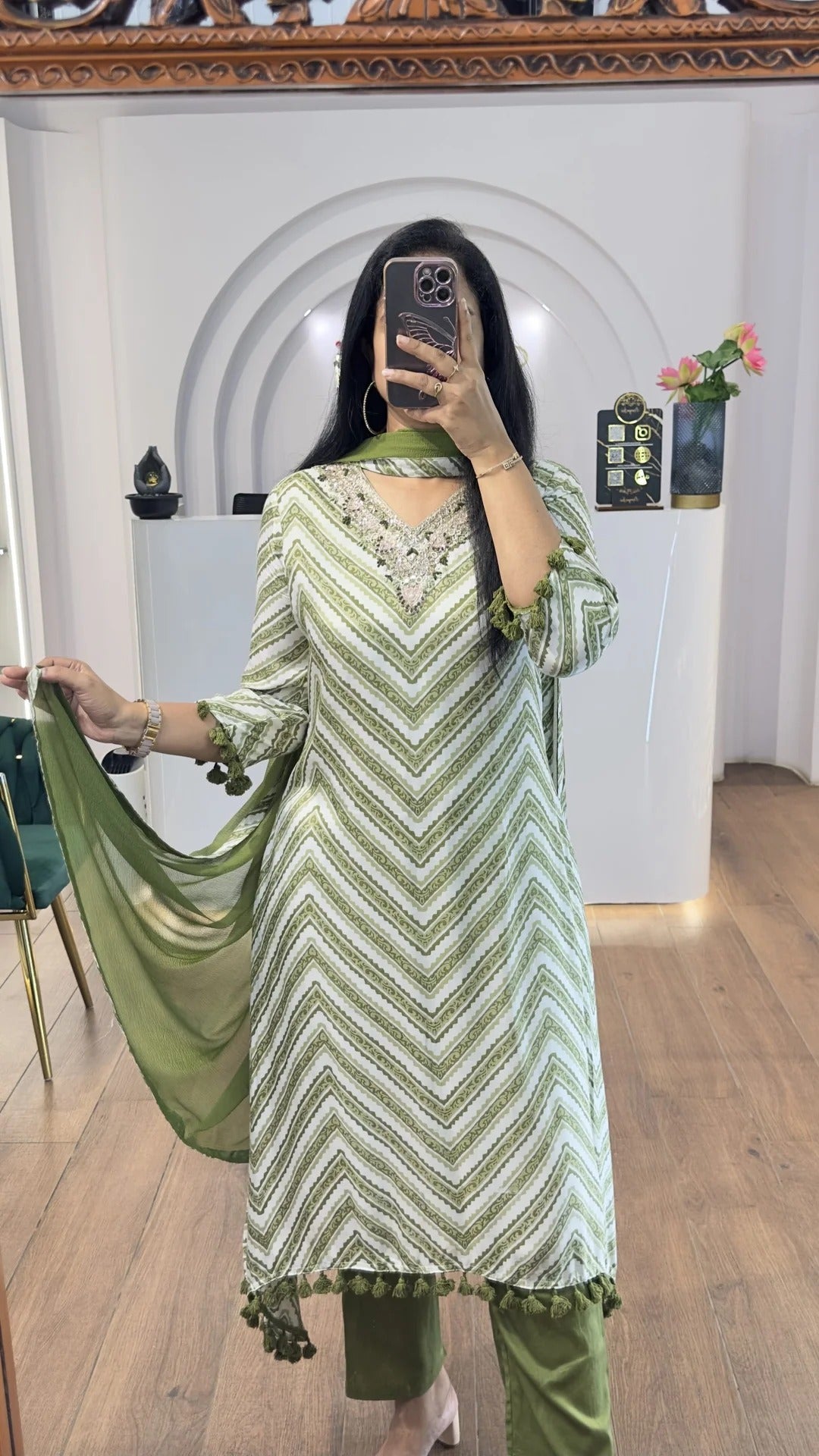 Green Zig Zag Printed Handwork HighLow Kurti