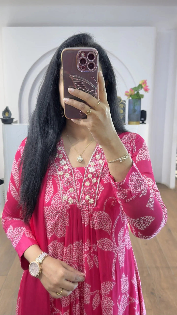 Pink Bandhej Chinnon Aline Suit Set