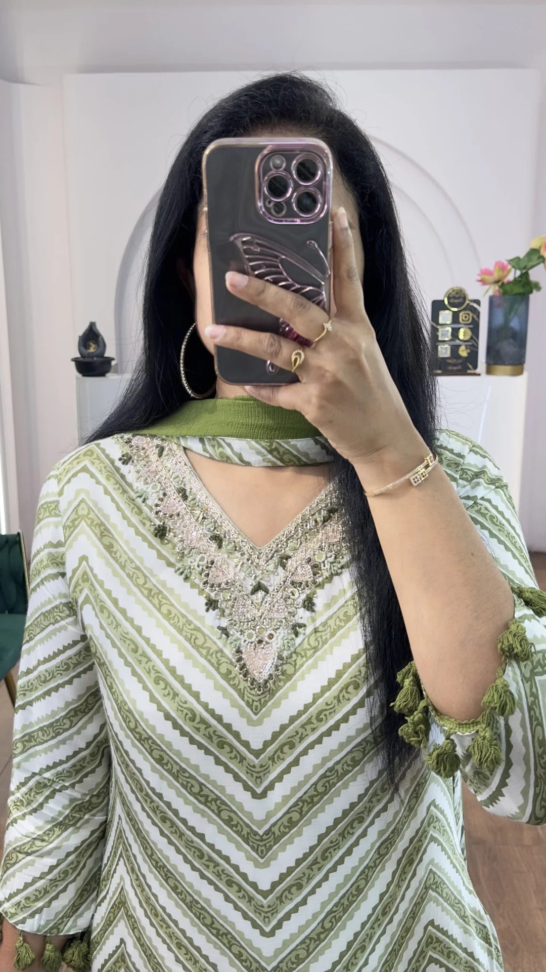 Green Zig Zag Printed Handwork HighLow Kurti
