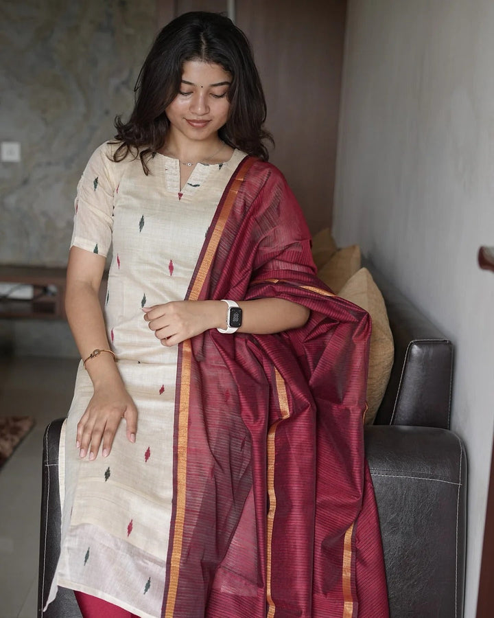 Tussar Silk Kurti With Double Colour Diamond Butta With Dupatta