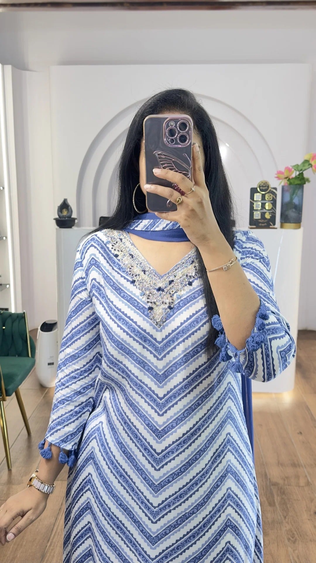 Blue Zig Zag Printed Handwork HighLow Kurti