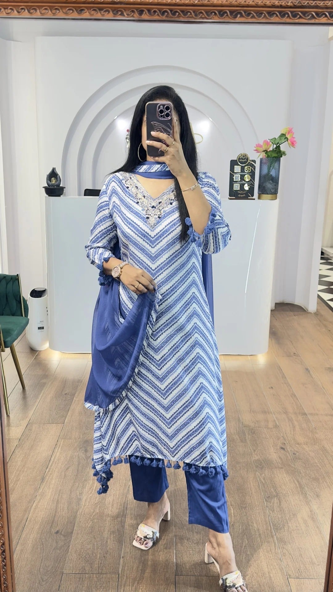 Blue Zig Zag Printed Handwork HighLow Kurti