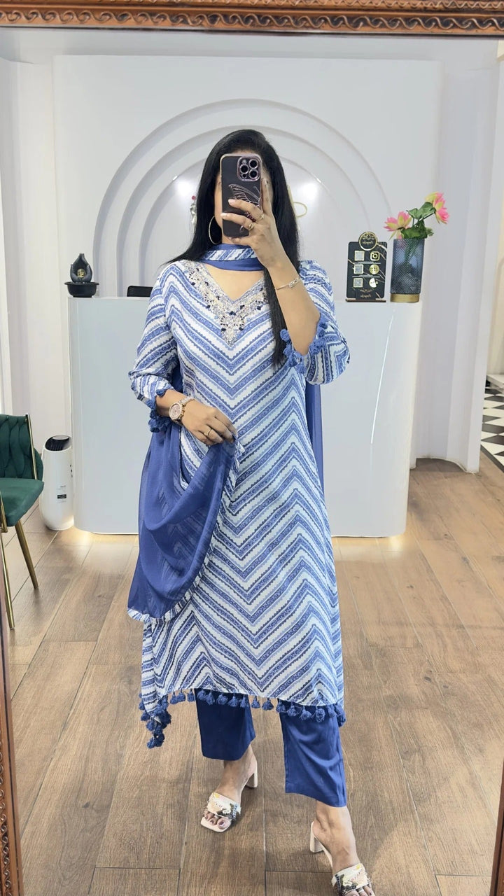 Blue Zig Zag Printed Handwork HighLow Kurti
