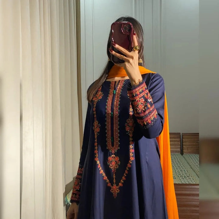 Navy Blue Embroidered frock 3PC