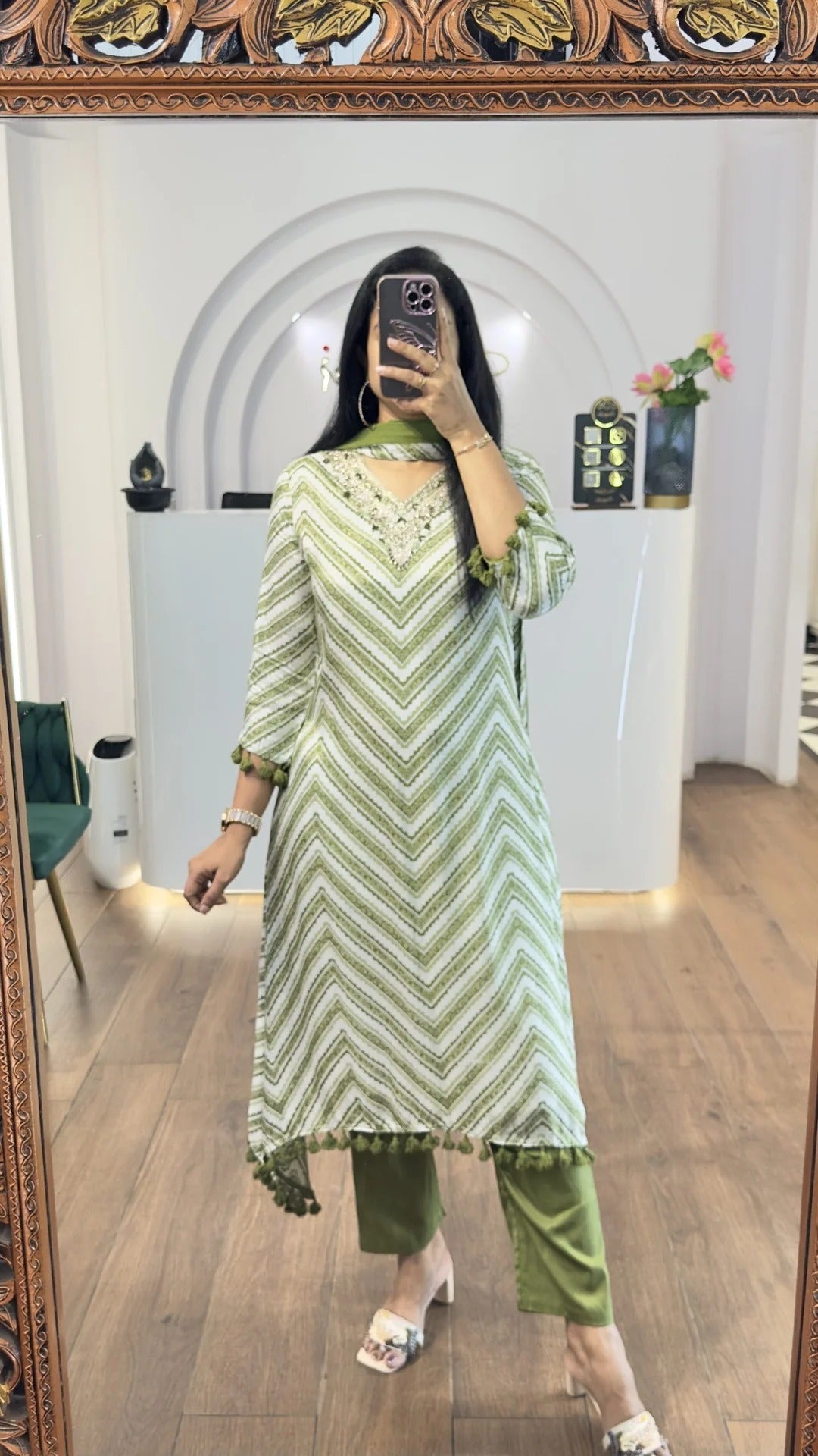Green Zig Zag Printed Handwork HighLow Kurti