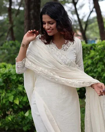 White Soft Cotton Kota Doria Suit With Lining