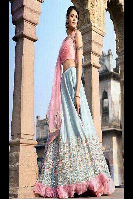 Designer Three Layered Ruffle sky blue color Lehenga Choli