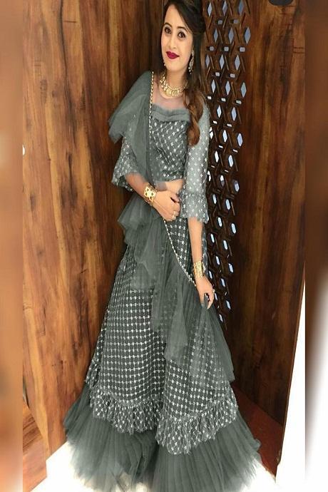 grey color Latest Designer Net Mirror Jardoshi Embroidery Work Lehenga Choli Online